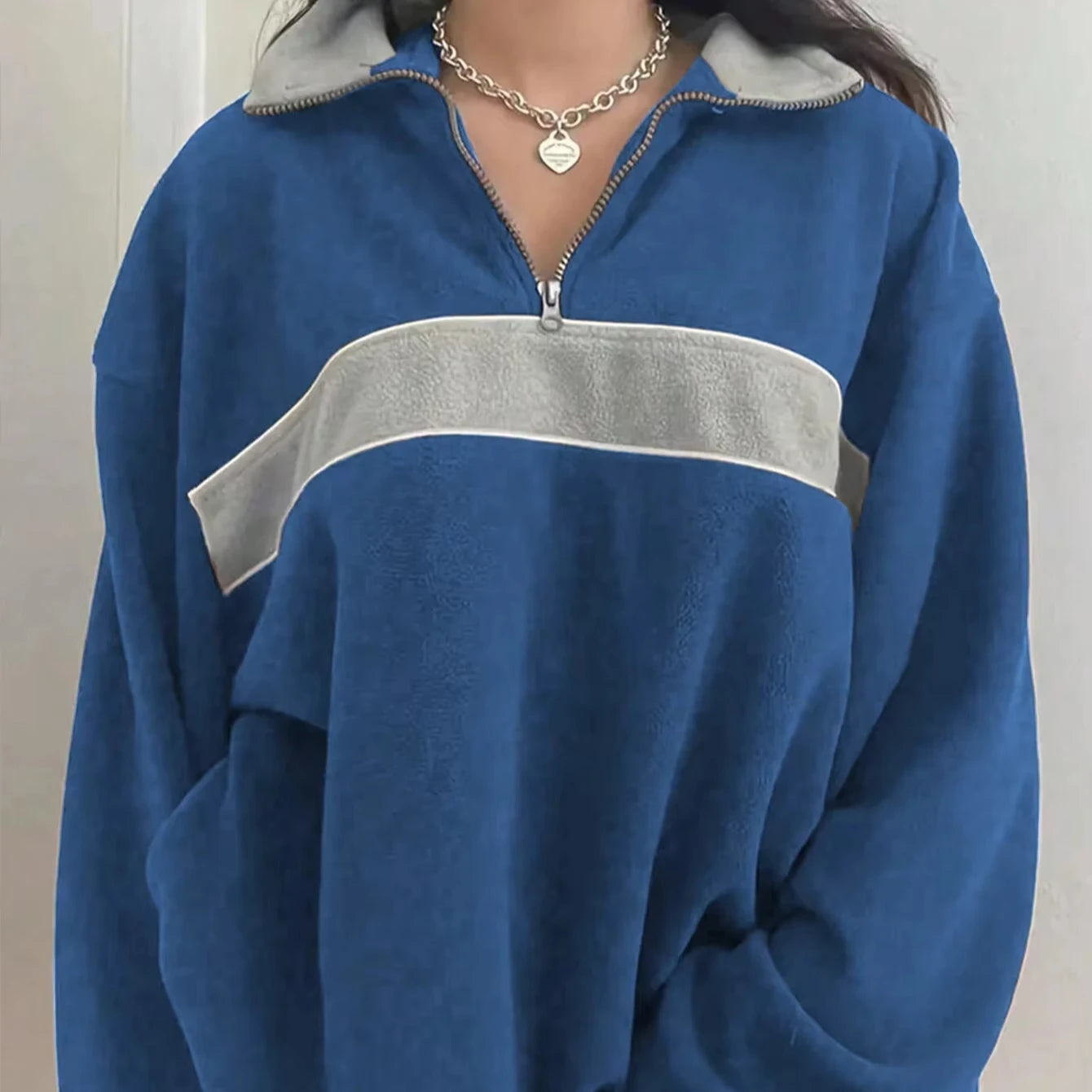 Wholesale Streetwear Oversized Long Sleeve Womens Turndown Collar Tops Quarter Zip Pullover Sweatshirt