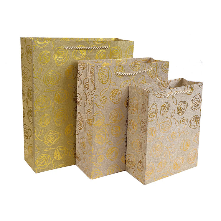 Gold Classic Floral Stamping Glitter Paperboard Bags Ribbon Recycled Materials Luxury Shiny Wedding Gift Packaging for Clothing