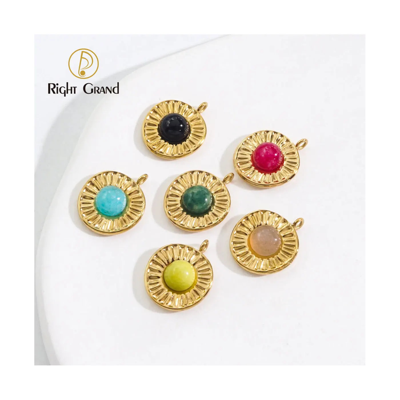 Wholesale Vintage Necklace Charm Jewelry Gold Plated Stainless Steel Irregular Round Pendant With Natural Stone