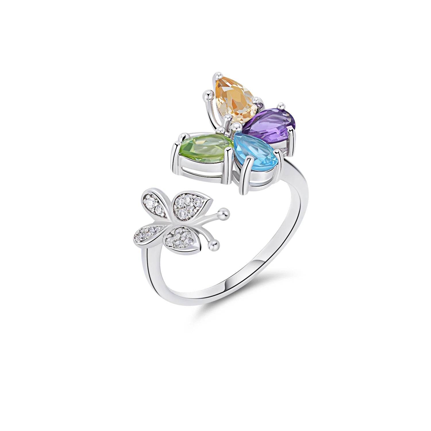 YBO 925 Sterling Silver Wedding Rings Natural Gemstone Butterfly Cut Pear Cut Diamonds-Citrine Amethyst Topaz Peridot