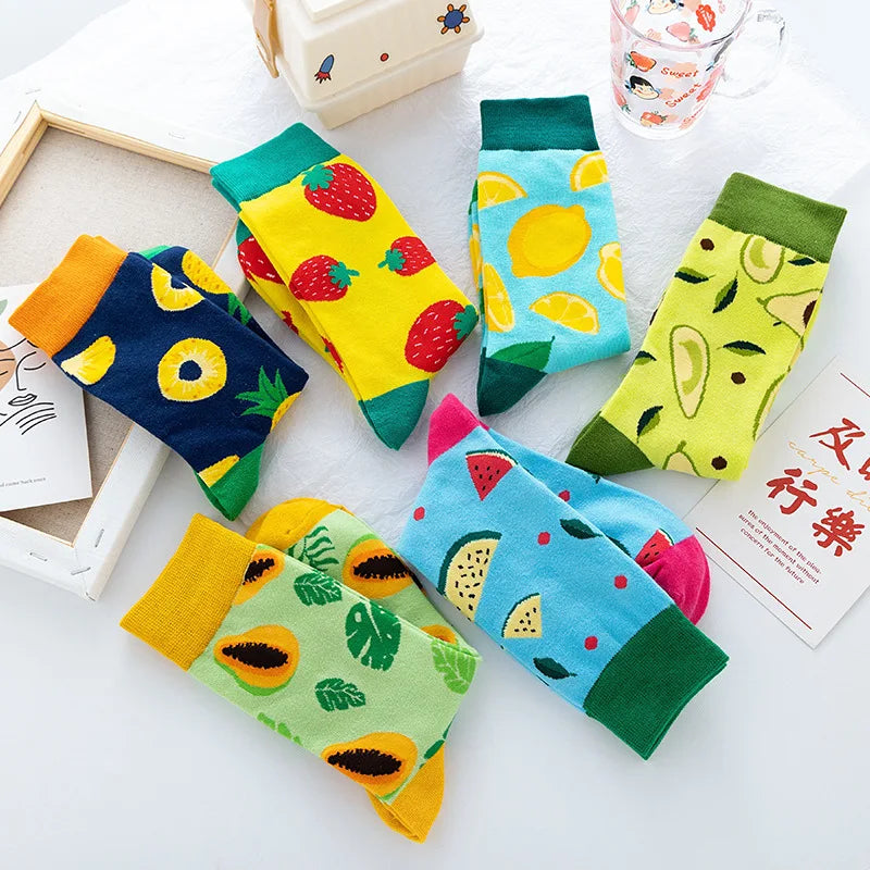 Wholesale Colorful Cotton Crew Socks Women Watermelon Avocado Pattern Novelty Fun Fruit Socks for Girls