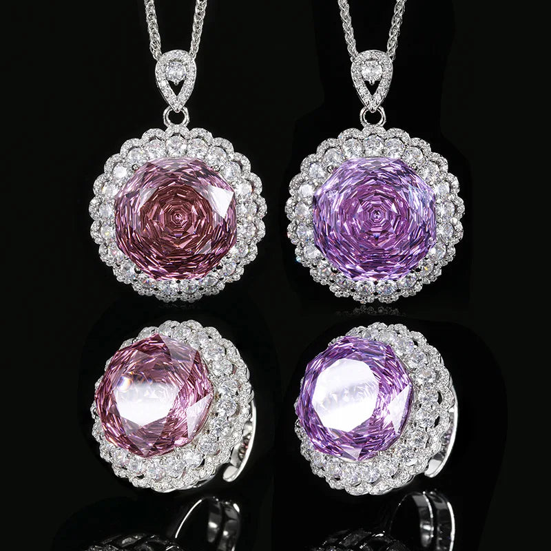 Luxury Women's Violet Necklace Ring Set Fashionable Sparkling Zircon Rose Bridal Engagement Jewelry