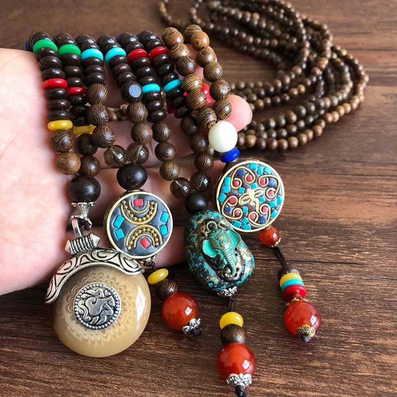 New Nepal Designs Handmade Wooden Bead Necklace Women Buddha Bead Retro Literary Necklace Sweater Chain Clothing Accessories