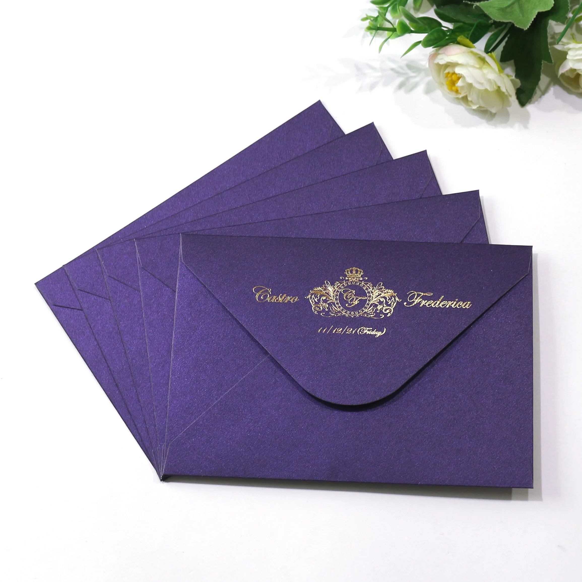 Custom Purple Wedding Party Invitation Pearl Paper Envelope with Gold Foil Printing