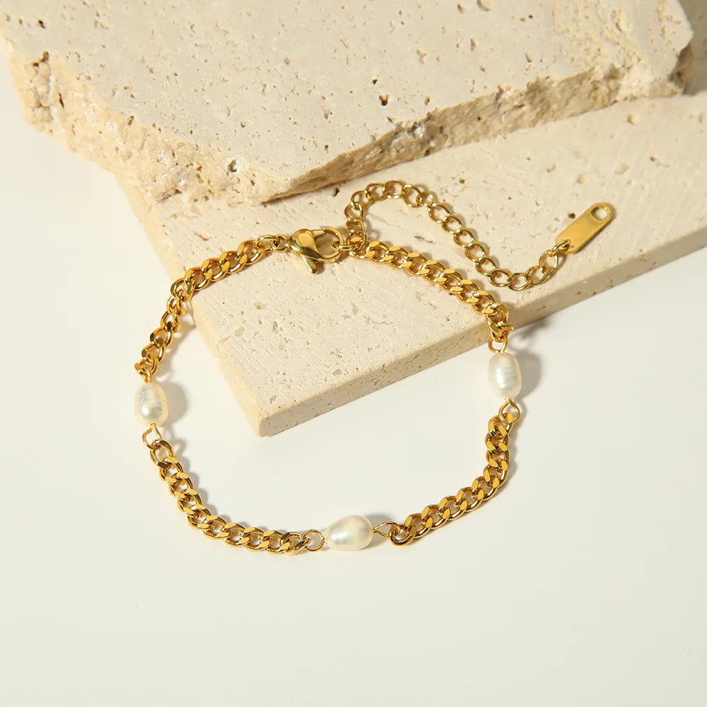 Personalized DIY Charms Pearl Bracelet Women's Stainless Steel Jewelry Gold Plated Chain Link Charms Bracelet Pulseras