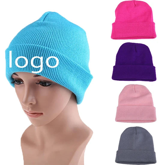 Wholesale Custom Beanie Embroidery Jacquard logo Men Blue Winter Slouchy Knitted Hats Custom Beanie Hat Unisex