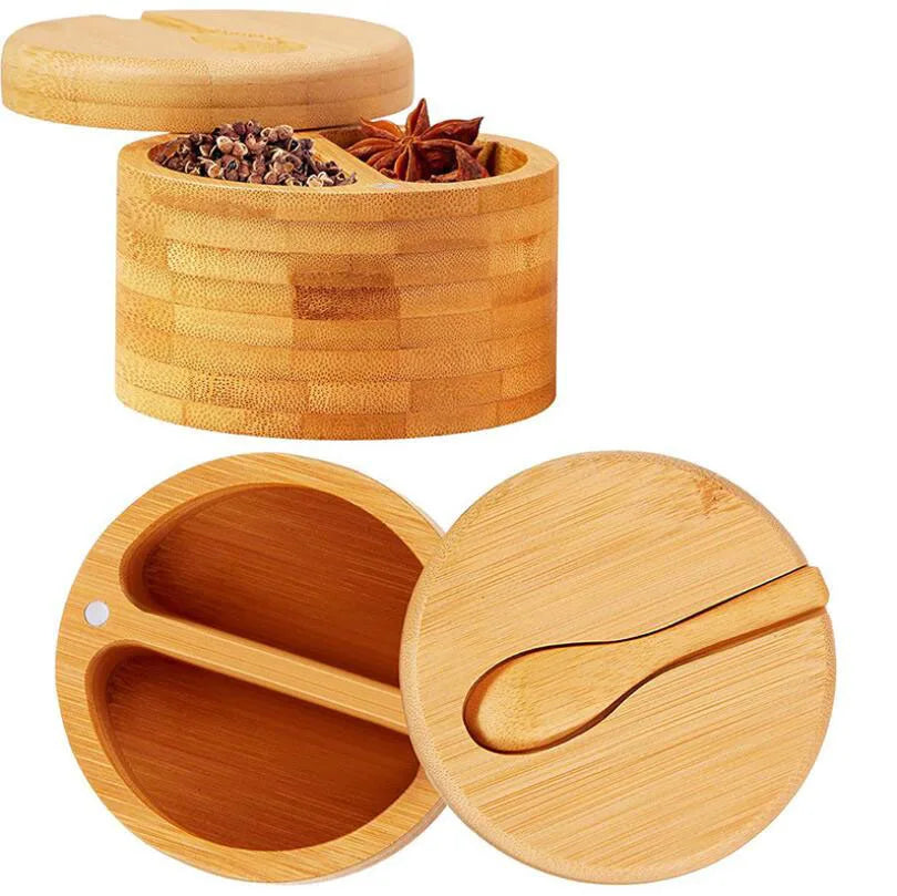 Bamboo Seasonings Box Kitchen Salt Pepper Spice Cellars Storage Container Bamboo Wooden Wood Pepper Salt Cellar with Spoon