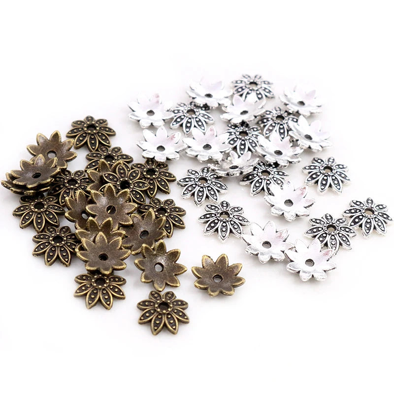 50pcs 8mm 10mm Beads Charms Antique Silver Plated Bronze Flower Shape Bead End Findings for Women Jewelry Making End Connectors
