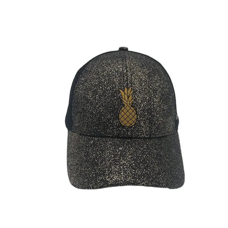 Custom 6-Panel Embroidered Pineapple Baseball Cap Glitter Rhinestone and Sequin Trucker Hat with 3D Mesh Fabric