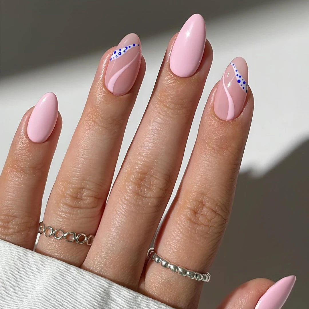 OEM Custom Line Art Design Pink Press on Nail Kit With Glue and Nail File Short Almond Wholesale Gel Nails Press on