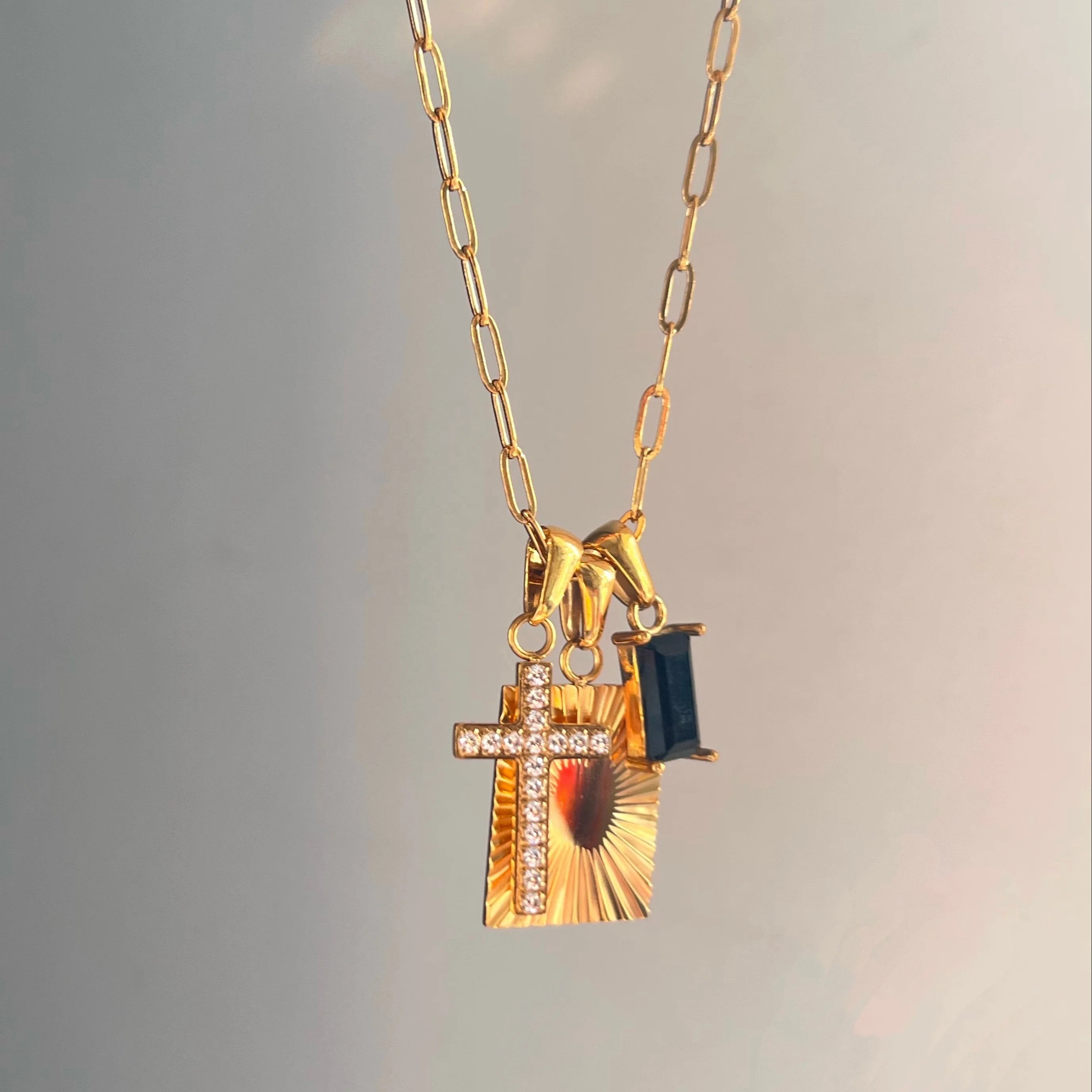 2025 Dazan Ins18k Gold Plated Three Different Pendants Detachable Devil Style 5a Zircon Cross Square Pendant Necklace