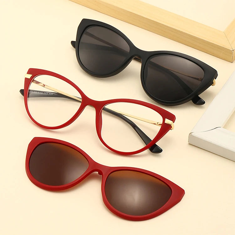 Vintage 2 in 1 Clip on Glasses Luxury Cat Eye Eyeglass Frame Outdoor UV Protection Metal Frames Ladies Polarized Sunglasses