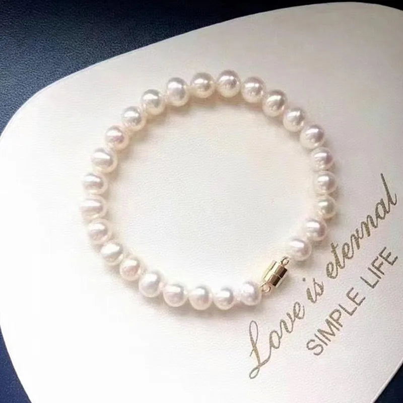 Tianmeng  Magnetic Clasp Girl's Near Round 5-6 mm Natural White Chain Bracelet Water Pearl Romantic Style CNAS Certified