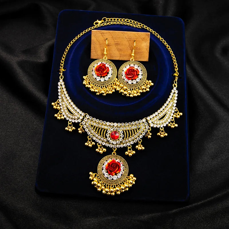 Luxury Traditional Bollywood Ethnic Earring Necklace Set Gypsy Boho Retro Gold Plated Earring Choker Tassel Pendant