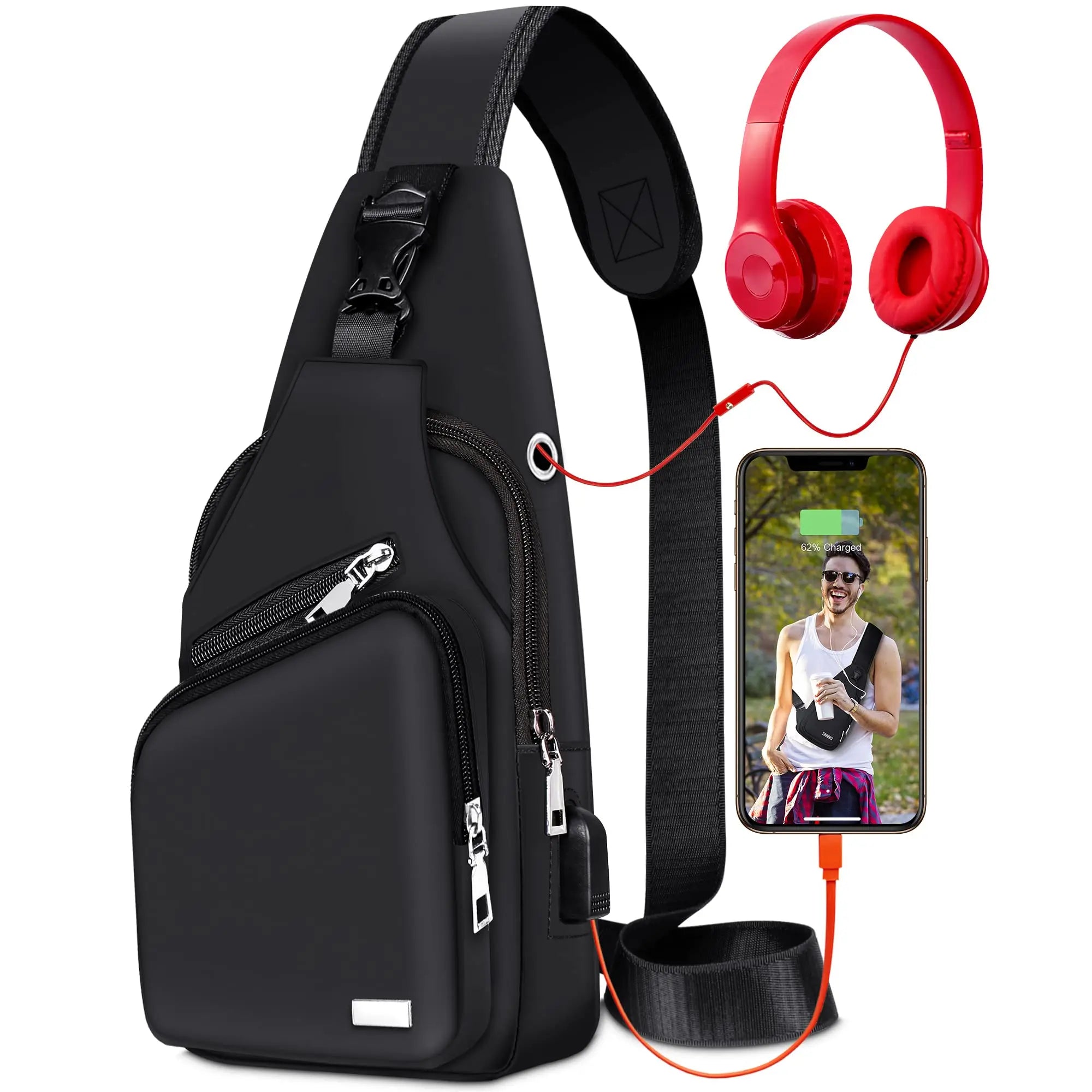 Best Cool Small Black Designer Waxed Canvas Front Edc Crossbody Sling Shoulder Bag with Usb Charger Port for Mens Womens Travel
