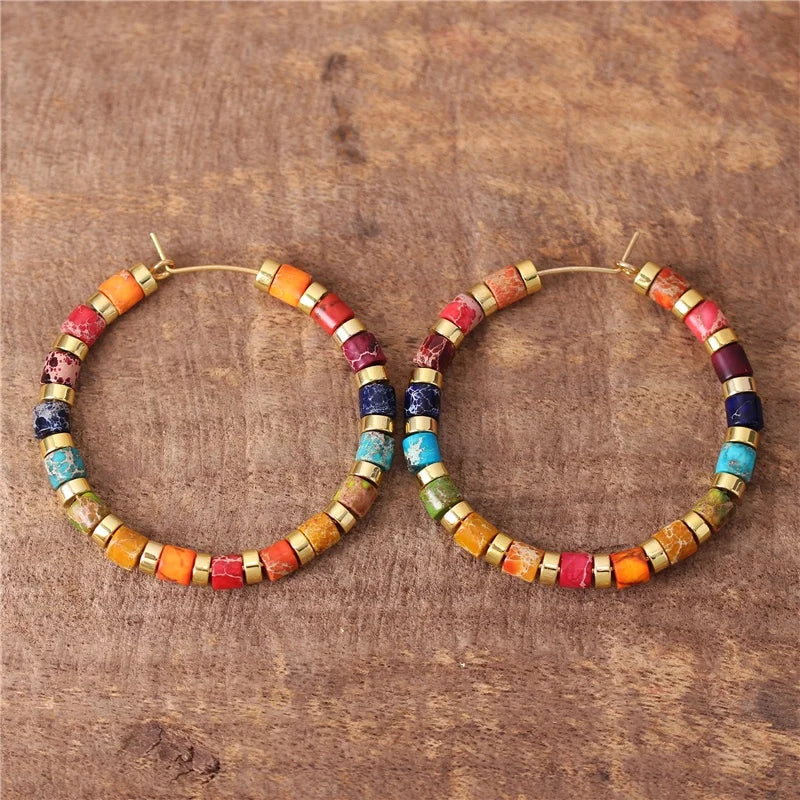 Ethnic Rainbow Natural Stone Jasper Tube Beads Hoop Earrings New Fashion Multi Colors Dangle Earrings Beach Jewelry Dropship