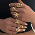 6Pcs/Set Vintage Starfish/Sun Shape Hollow Irregular Rings for Women Trendy Lady Daily Stacked Finger Ring Fashion Jewelry Gifts
