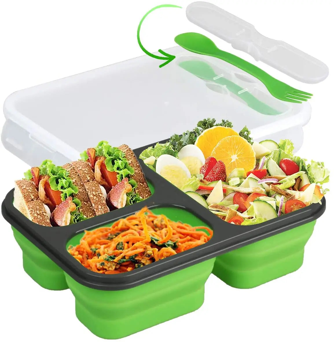 BPA Free 3 Compartments Foldable Food Storage & Container Eco Friendly Collapsible Silicone Bento Lunch Box for Kids With Lids