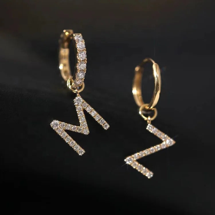 Ruyi DIY Diamond Earrings 18k Solid Gold Cartilage Huggie with Alphabet Letter A-Z Charm Women's Hoop Earrings