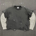 Yali Custom Vintage Distressed Acid Washed Long Sleeve t Shirt Unisex Double Layer Long Sleeve T-shirt