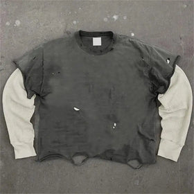 Yali Custom Vintage Distressed Acid Washed Long Sleeve t Shirt Unisex Double Layer Long Sleeve T-shirt