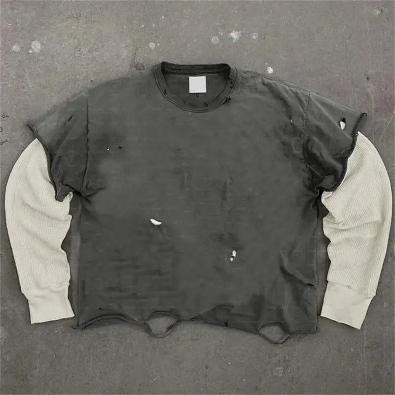 Yali Custom Vintage Distressed Acid Washed Long Sleeve t Shirt Unisex Double Layer Long Sleeve T-shirt