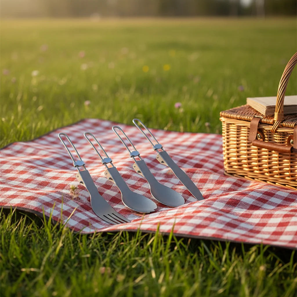 Folding Camping Utensils Set Portable 304 Stainless Steel Tableware Salad Fork Knife Spoon Silver Plated Home