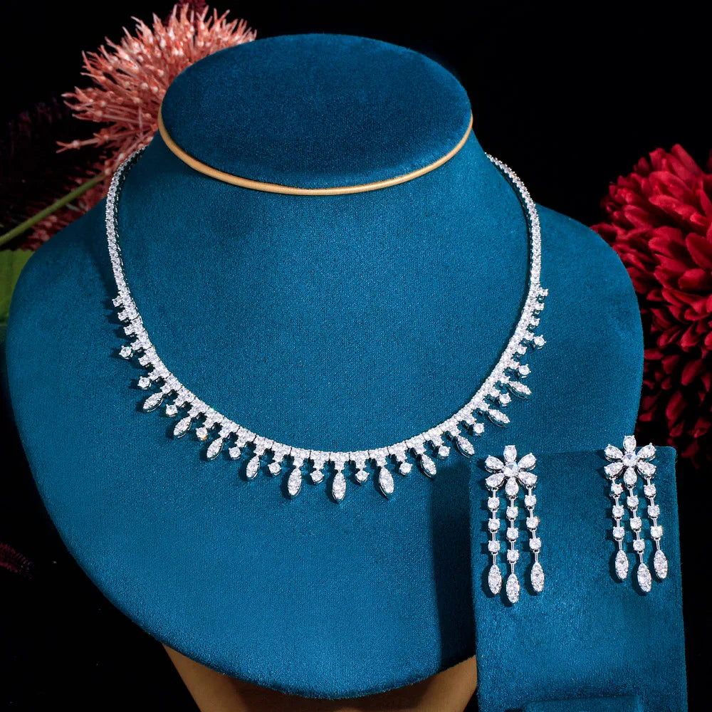 Simple Elegant Flower with Tassel Drop Earrings and Necklace Shiny Cubic Zircon Wedding Bridal Jewelry Set for Women Party Prom