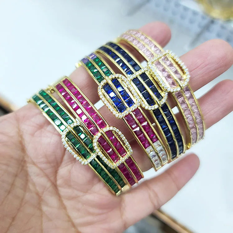 BC2129 18k Gold Plated Ladies CZ Belt Buckle Bangle Bracelet CZ Stacking Bangle Bridal Bridesmaid Gift Gold Cuff Bangle