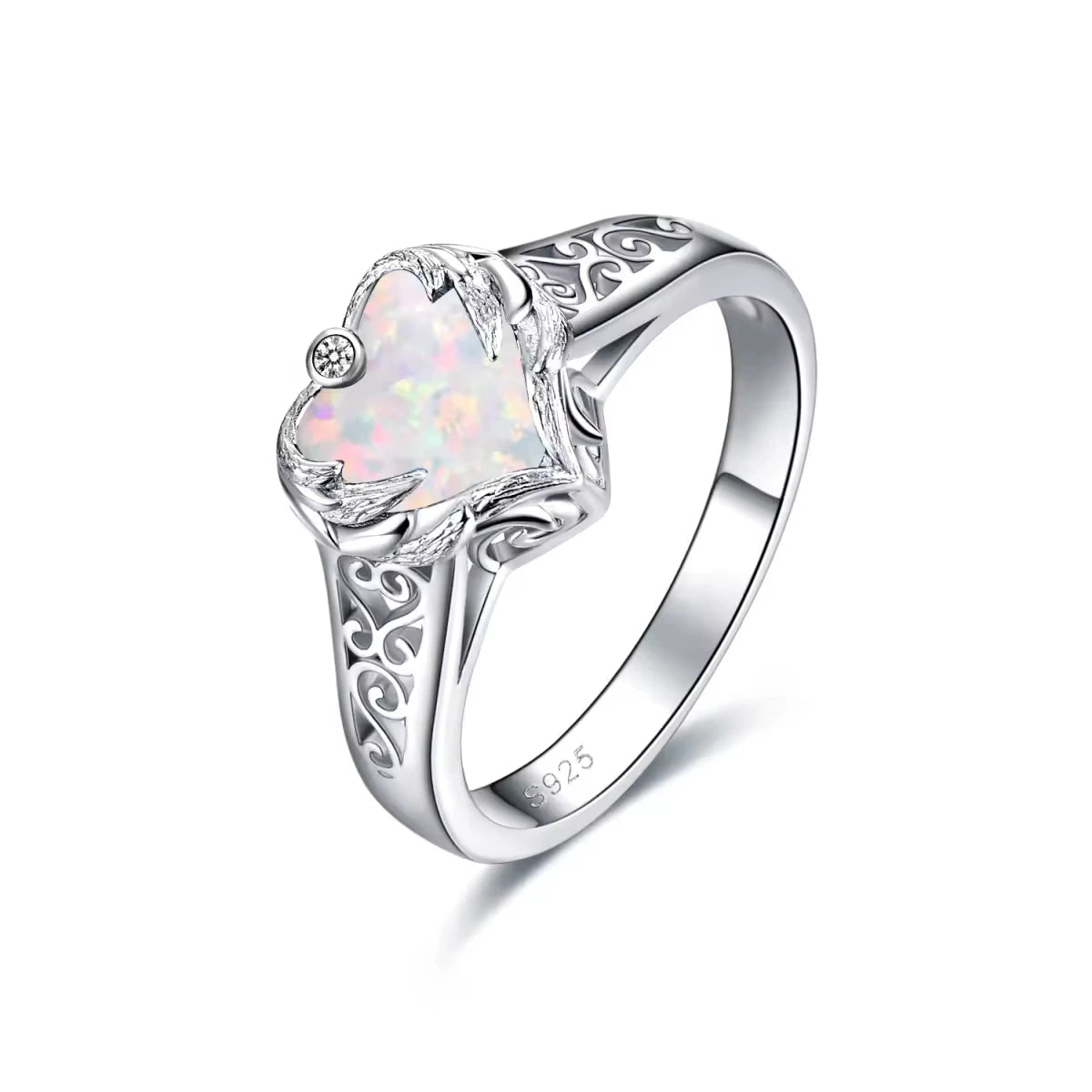 Fashion Jewelry 925 Sterling Silver Rhodium Plated Heart White Opal Angel Wing Ring for Women
