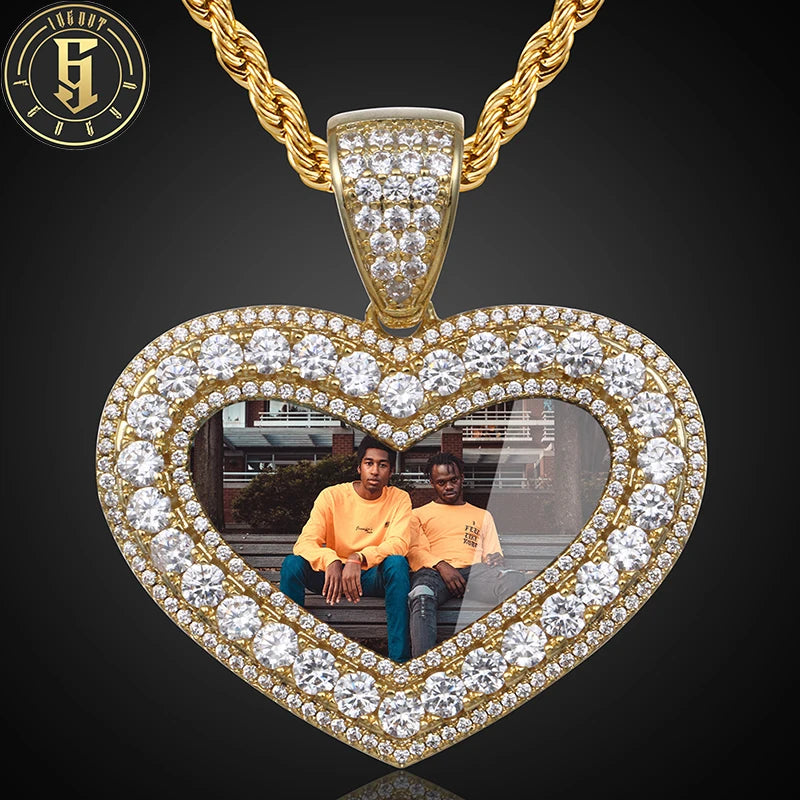 Factory Wholesale Jewelry 40mm Brass 5A Zircon Diamond Iced Out Heart Custom Picture Pendant Photo Necklace