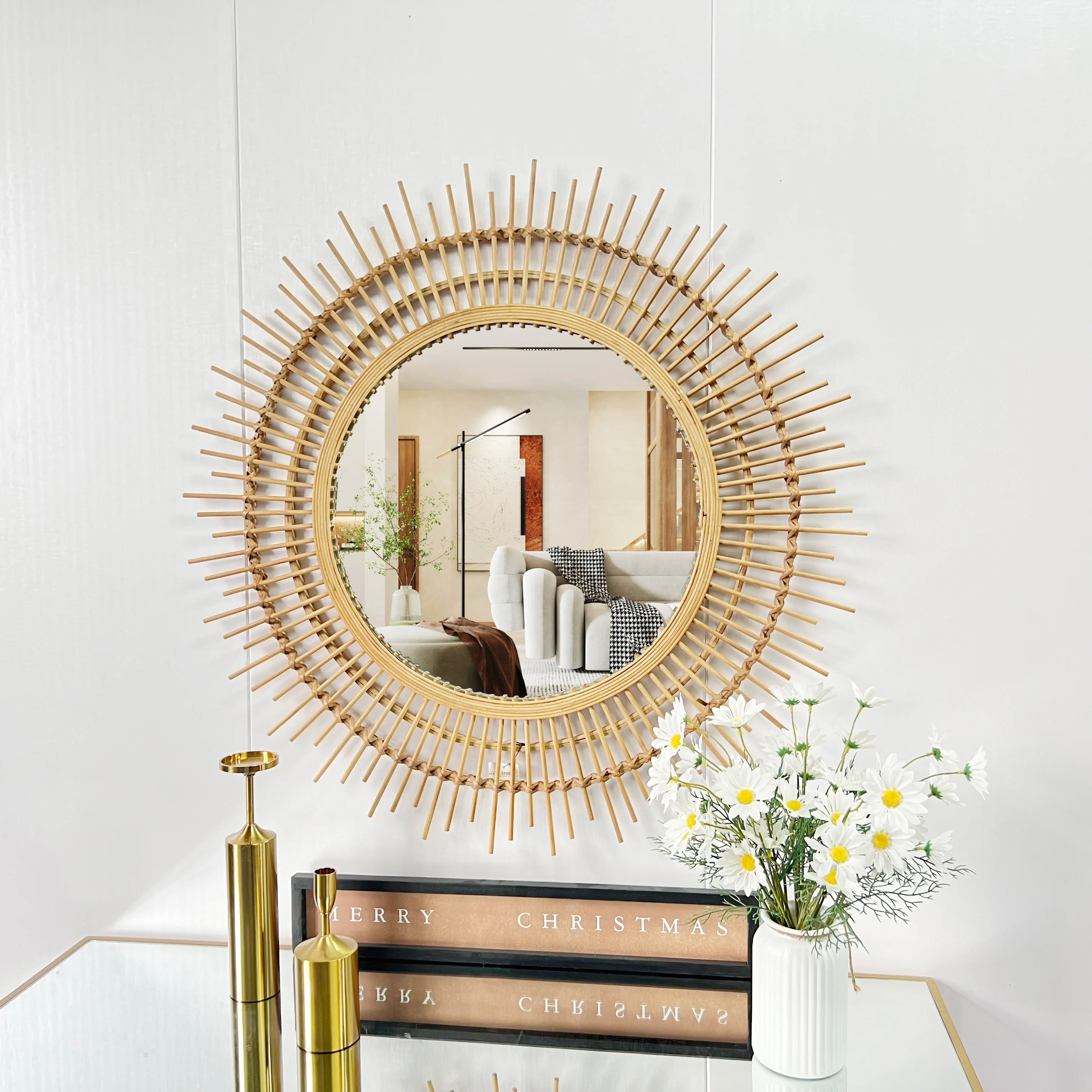 87cm  Nordic Retro Homestay-Style Hand-Woven Rattan Mirror Wall Decoration Stereo Hanging Mirror