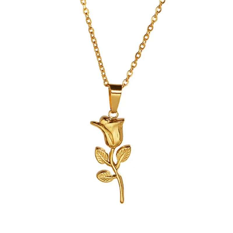 Rose Flower Necklace for Women Stainless Steel Beauty and the Beast Pendant Necklaces Charm Boho Jewelry Valentine's Day Gift