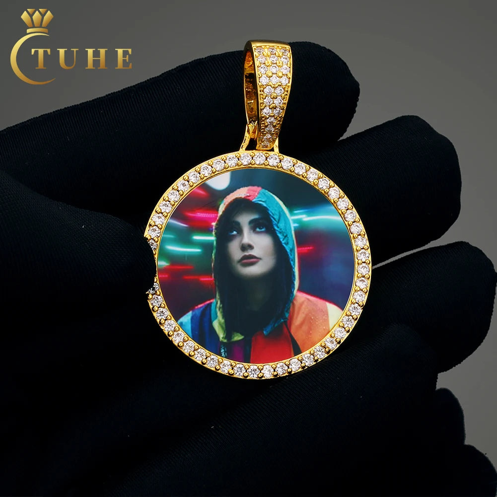 Engraved Custom Photo Pendant Necklace Frame Memory Medallions Pendant Necklace Mens Jewelry Silver Gold Necklaces Hiphop Zircon