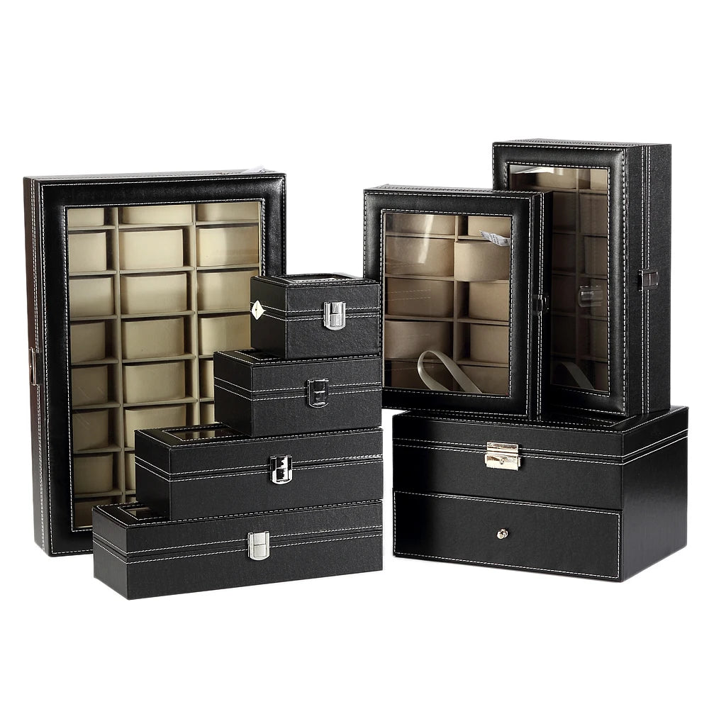 Popular Black Leather Exterior Wood 2 3 4 5 6 8 10 12 18 20 24 Slots Watch Storage Display Box