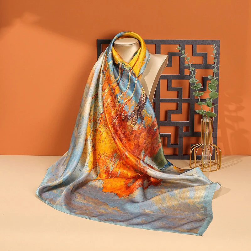 Women's Sunscreen Mulberry Silk Scarf Real Silk Scarf Wholesale 90cm Spring French Retro Oil Painting Large Square Scarf