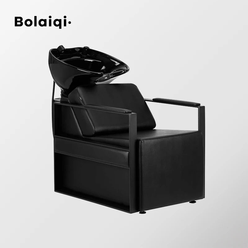 BOLAIQI Wholesale Ceramic Bowl Black Metal Wash Unit Backwash Shampoo Chair for Salon Barber Spa Beauty Hair Salon Barber Shop