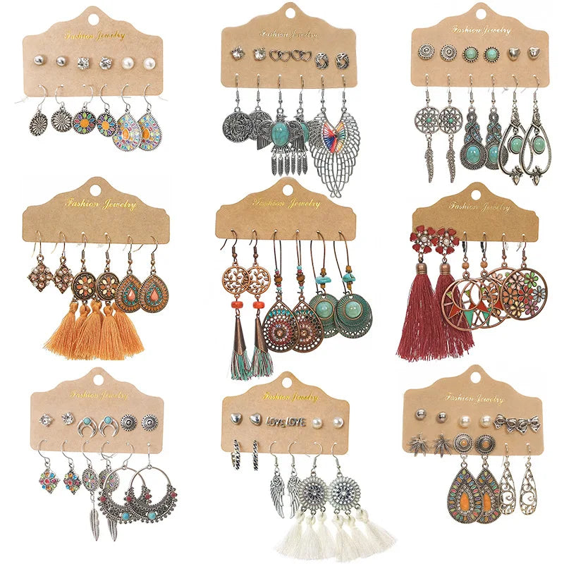 Hot Sale Fashion Vintage Boho Tassel Earrings Set Alloy Jewel Earrings Combination Factory Outlet