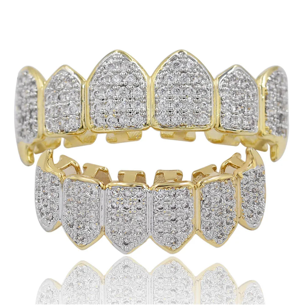 GRILLZ Iced Out Fangs Teeth Grillz Jewelry AAA Zircon Mouth Teeth Grillz Caps Top & Bottom Grill Set Men Women
