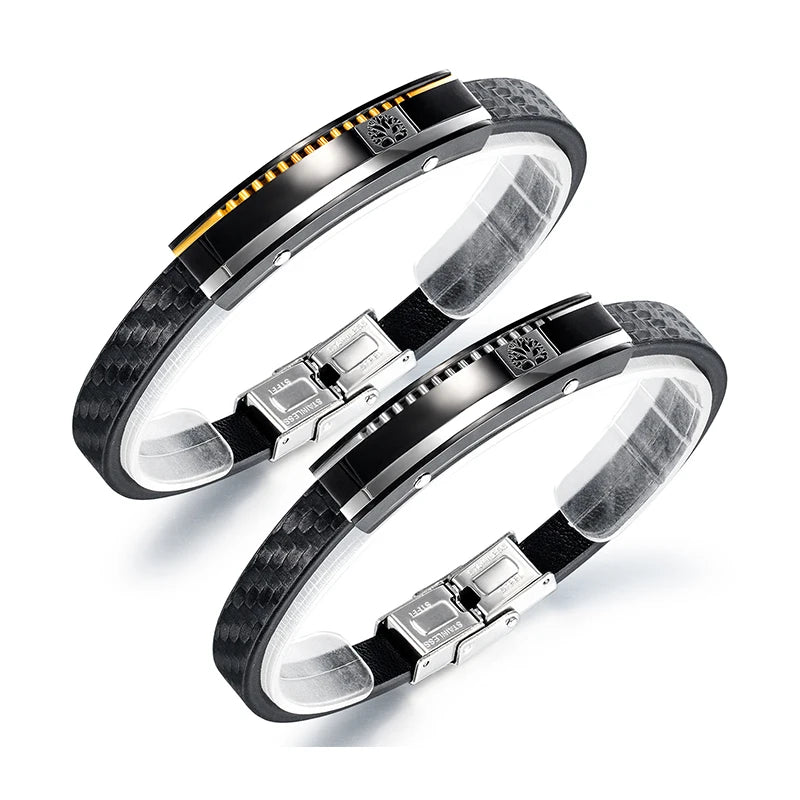 Bracelet Stainless Steel Bracelet Men's Titanium Steel Leather Wristband Retro Punk Wind Tree of Life Bracelet Wristband