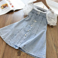 Children Summer Denim Dress Kids Lace Puff Sleeve Dresses Girls Bow a Line Dress