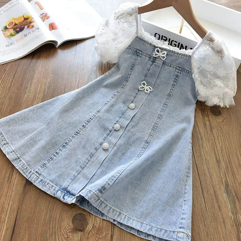 Children Summer Denim Dress Kids Lace Puff Sleeve Dresses Girls Bow a Line Dress