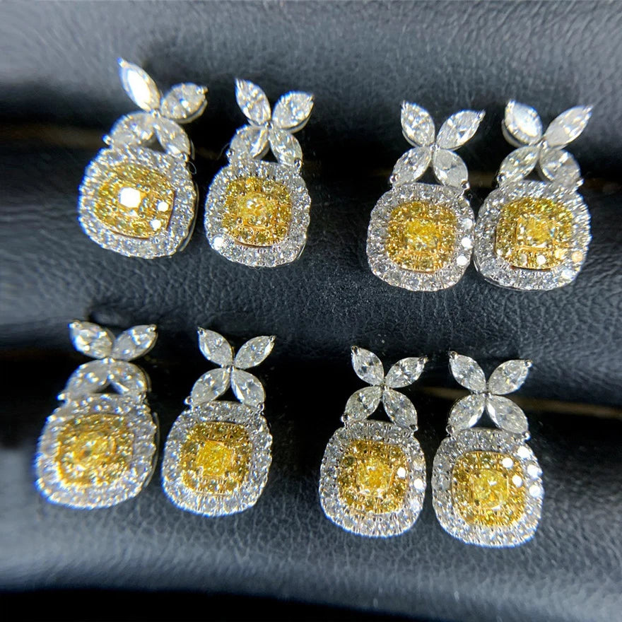CAOSHI Yellow Moissanite Imitate Earrings Silver Color Diamond Zirconia Stone Drop Leaf Flower Stud Earrings Women Girls