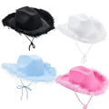 Gorgeous Fluffy Feather Brim Cowboy Hat Wide Brim Pink Cowgirl Hat All-match for Mardi Gras Rave Playing Dress up
