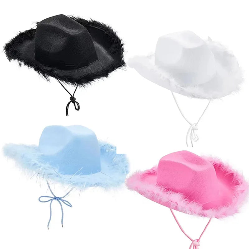 Gorgeous Fluffy Feather Brim Cowboy Hat Wide Brim Pink Cowgirl Hat All-match for Mardi Gras Rave Playing Dress up