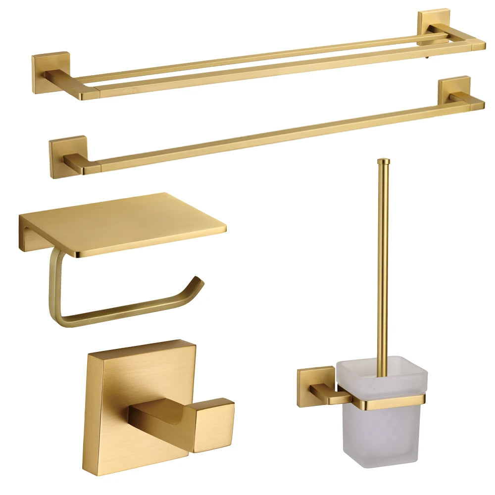Modern Gold Bathroom Accessories Set Brass Finished Wall Mounted Toilet Brush Holder Paper Roll Rustproof Luxury Hotel Home