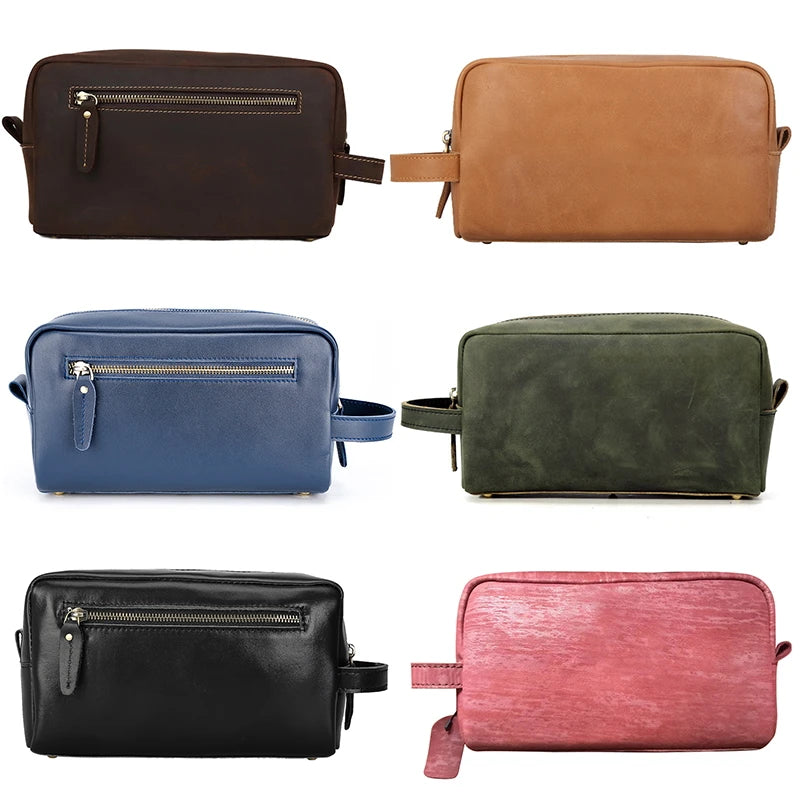 Custom Brown Genuine Leather Zipper Large Capacity Bathroom Makeup Travel Storage Bag for Men's Cosmetic