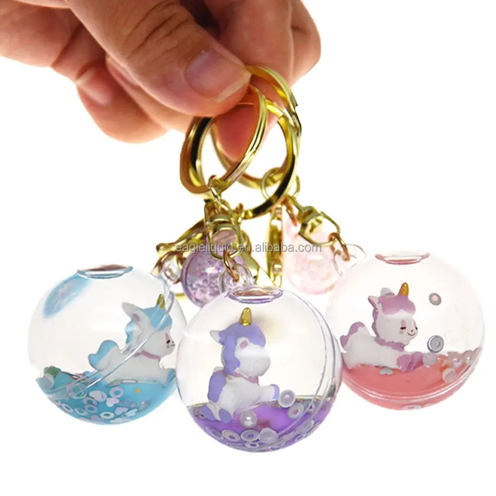 Glitter Quicksand Keychain Liquid 3D Floating Unicorn Keyring Bag Charm Round Ball Pendant Keychain