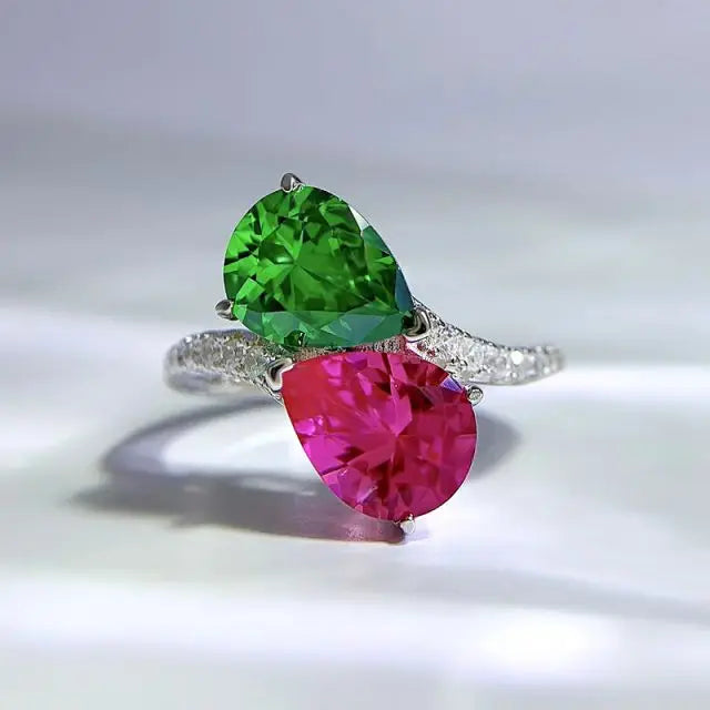 925 Sterling Silver Birthstone Pear Shape Cubic Zirconia Ring Double Gemstone Adjustable Rings