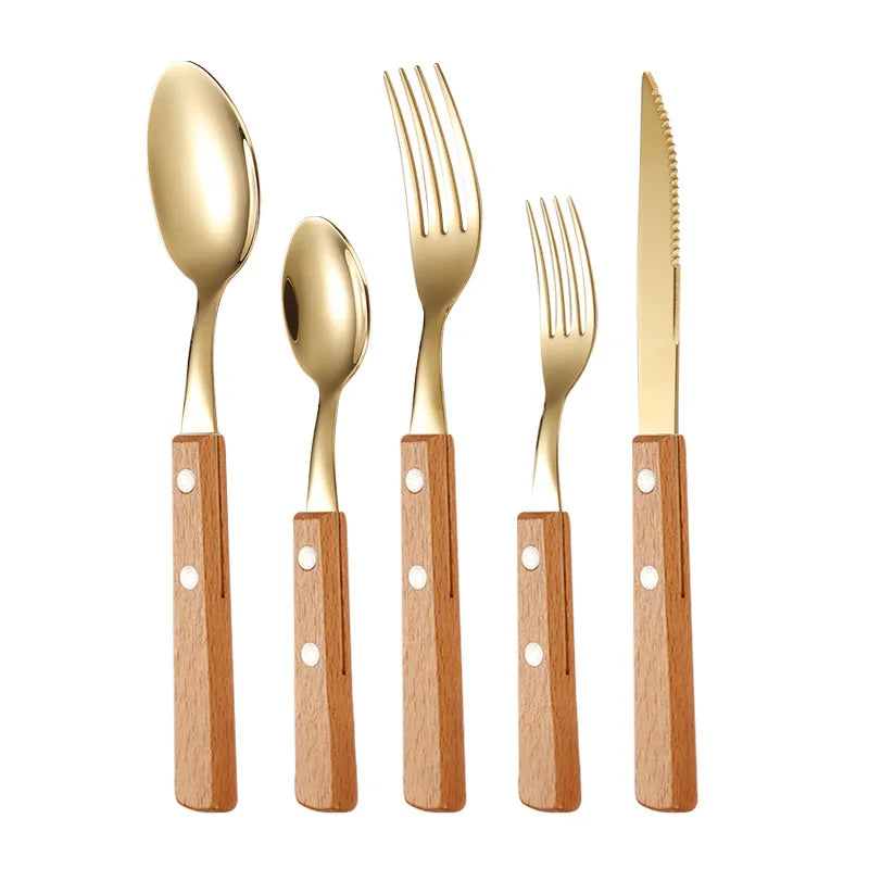 Stainless Steel Knife Fork Spoon 5pcs Flatware Wooden Handle Cutlery Set Silverware